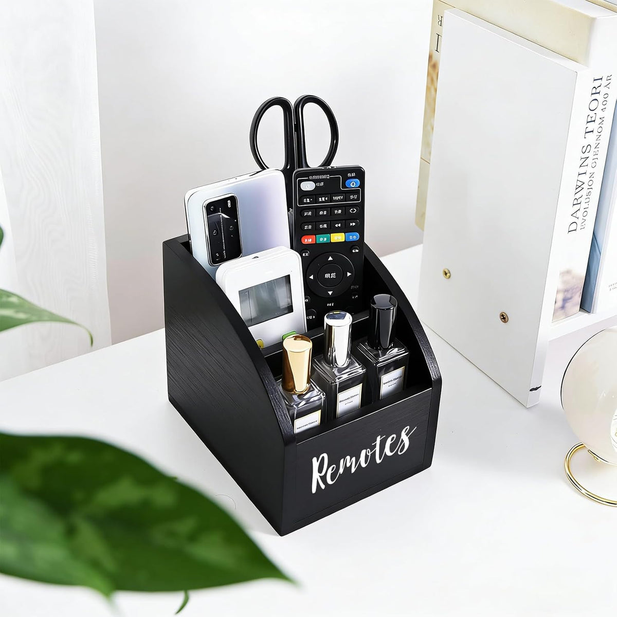 BONNY DODO Remote Control Holders Organizer Box for Table Black Small Wooden Desk Farmhouse Home Decor Caddy Basket Store Tv Remote for Media Player,Pencil,Glassees&Office Supplies (Black, S)