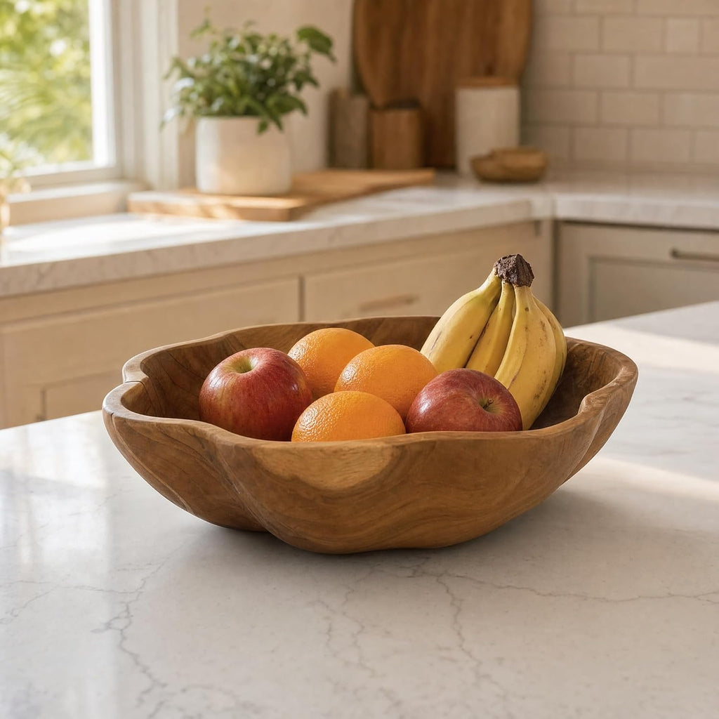 Decorative Wooden Bowl, Large Fruit Bowl for Kitchen Counter, Teak Wood