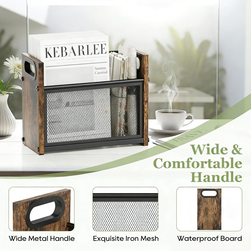 Magazine Rack & Holder, Mesh Magazine Rack Floor, Multi-Purpose Storage Organizer for Magazines, Books, Newspapers, Mail, Tablets | Magazines Storage Basket for Home, Office, Bathroom, Vintage Brown