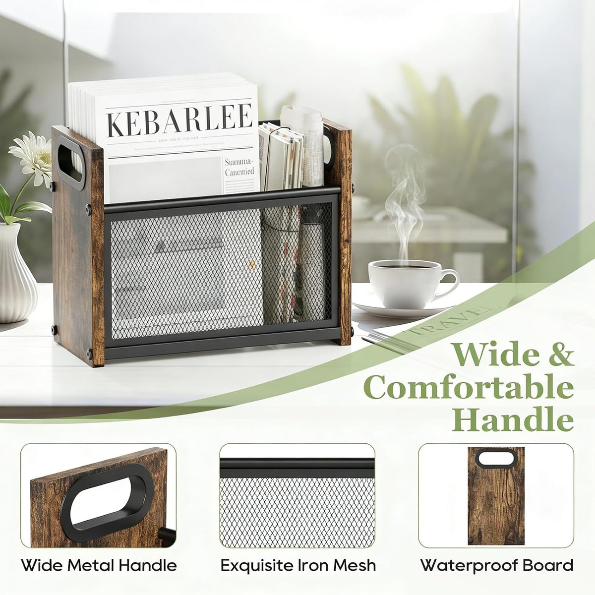 Magazine Rack & Holder, Mesh Magazine Rack Floor, Multi-Purpose Storage Organizer for Magazines, Books, Newspapers, Mail, Tablets | Magazines Storage Basket for Home, Office, Bathroom, Vintage Brown