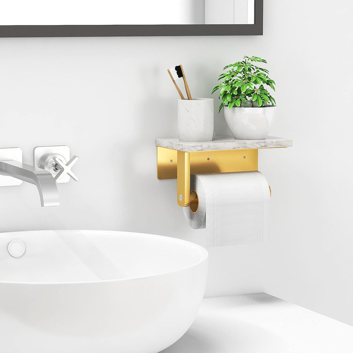 Gypie Toilet Paper Holder with Marble Shelf, Wall Mounted Gold