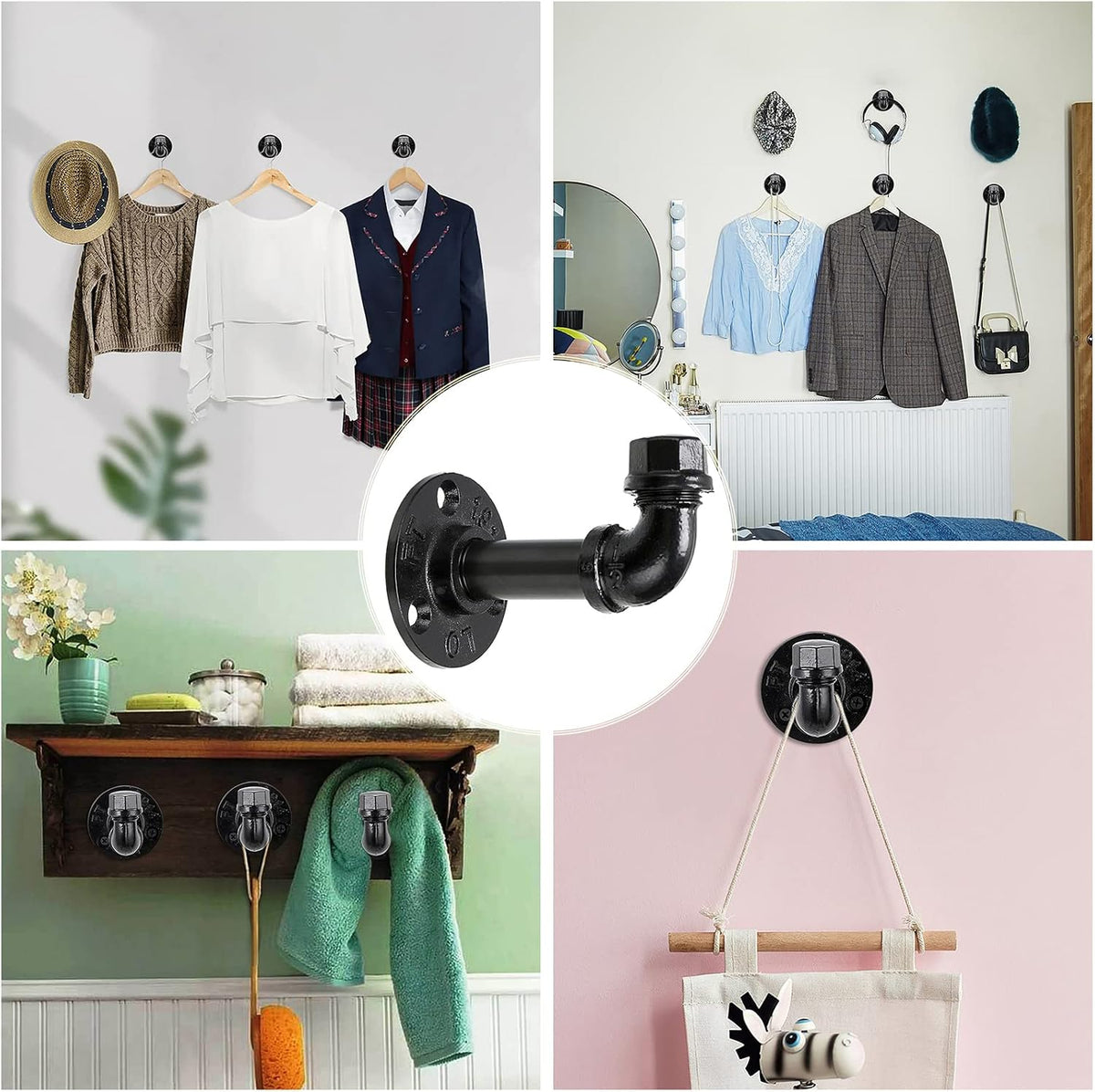 Sumnacon 3 Pcs Industrial Pipe Coat Hook Racks - Heavy Duty Rustic Clothes Towel Holder Hanger, Wall Mounted with Hardware for Home, Office, Electroplated Black Finish