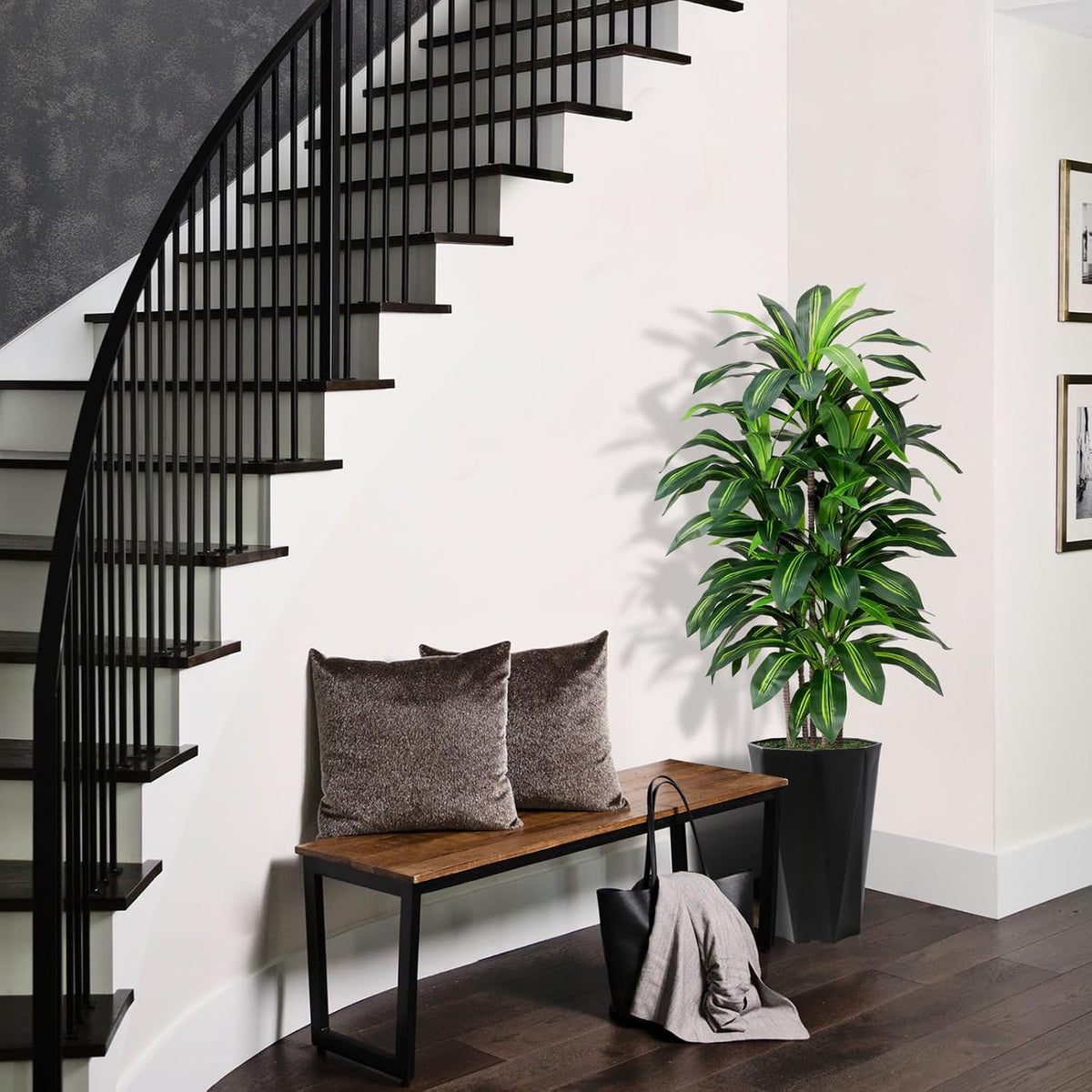 Artificial Dracaena Tree 5FT - Faux Plant with Black Diamond Planter - Tall Fake Tropical Yucca Floor Plant Potted - Artificial Silk Tree for Home Office Living Room Decor Indoor