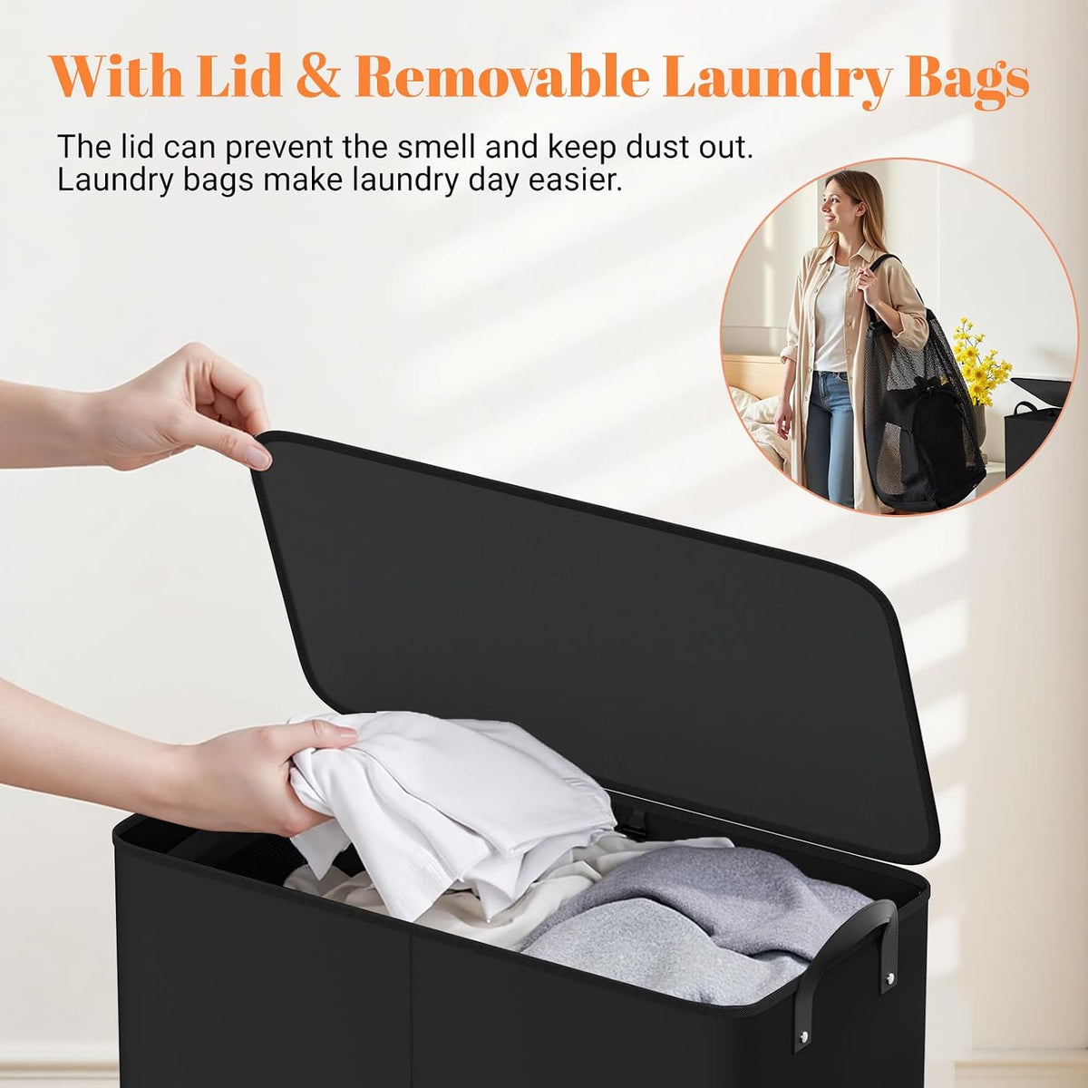 155L 2 Section Laundry Hamper with Lid, Laundry Basket, Black