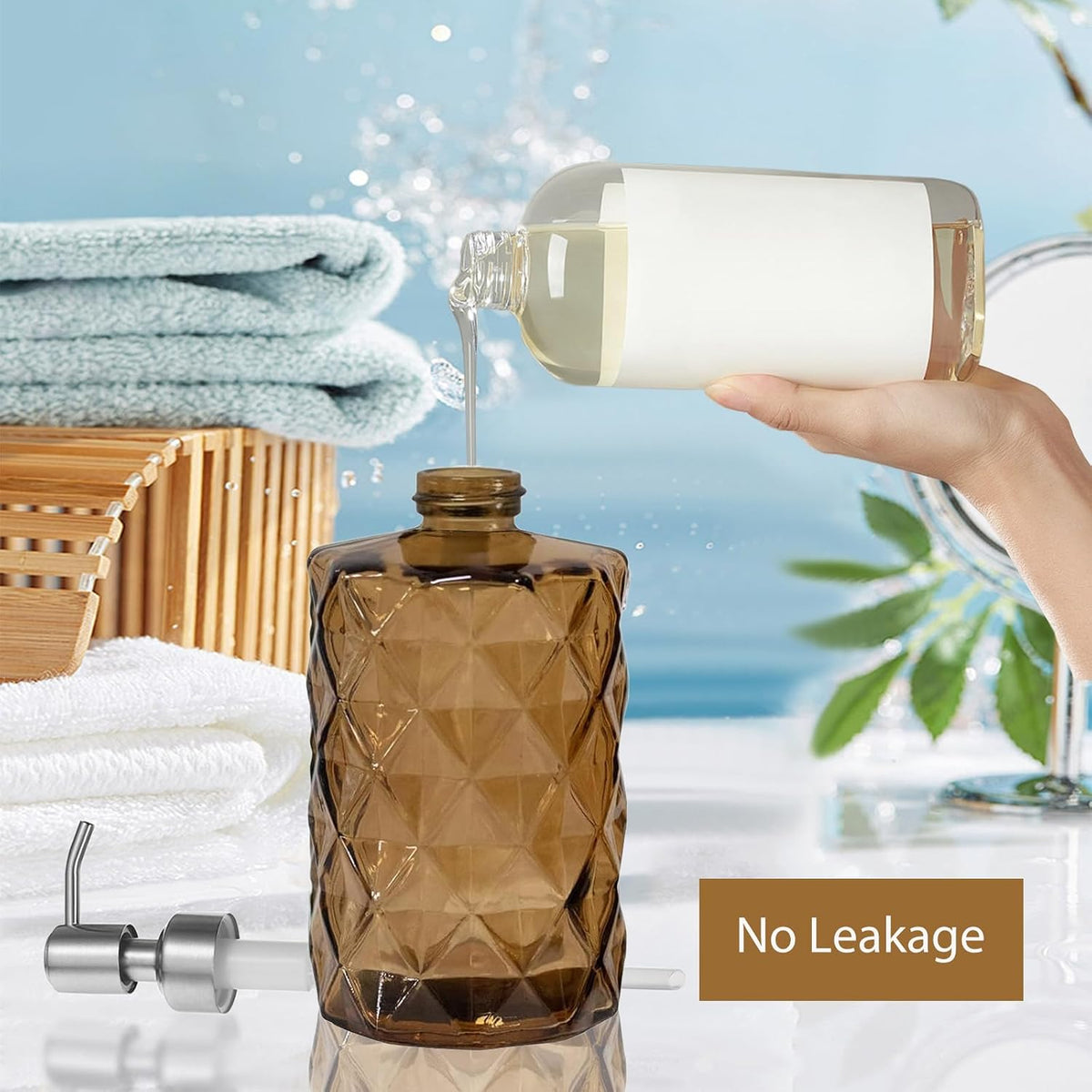 12Oz Brown Glass Soap Dispenser, Liquid Hand Bottle, Stainless Steel Pump
