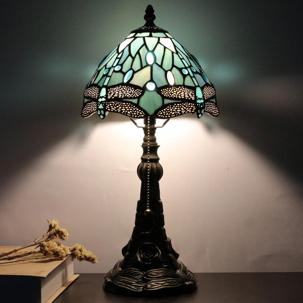 Small Tiffany Lamp Mini Stained Glass Desk Lamp Sea Blue Dragonfly