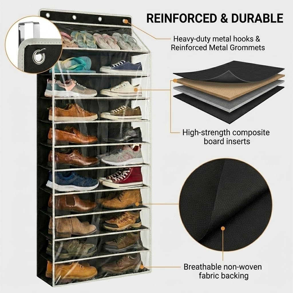 SUREMAX Super Capacity Over The Door Shoe Organizer, 11-Tier Hanging Shoe Rack for Closet Door Fits 33 Pairs, Clear PVC Behind The Door Storage Organizer with Heavy Duty Hooks & Loop Fastener, Black