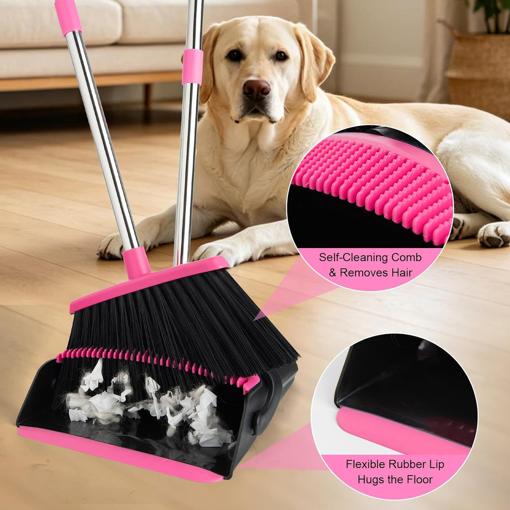 Broom and Dustpan Set,Long Handle Lightweight Dustpans with Broom Combo for Home,Indoor&Outdoor Sweeping for Home Room Kitchen Office Lobby (Black Pink)