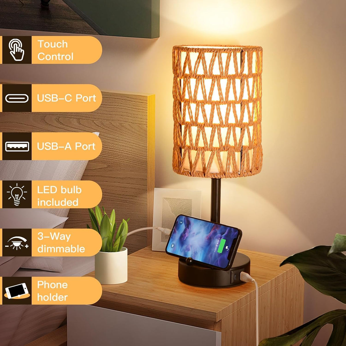 Rattan Table Lamps for Living Room, 3 Way Dimmable Touch Lamps, Small Bedside Lamps with LED Bulbs, Phone Stand, USB Ports and AC Outlet, Boho Nightstand Lamp for Kids Room, Bedroom, Office (1 Pack)