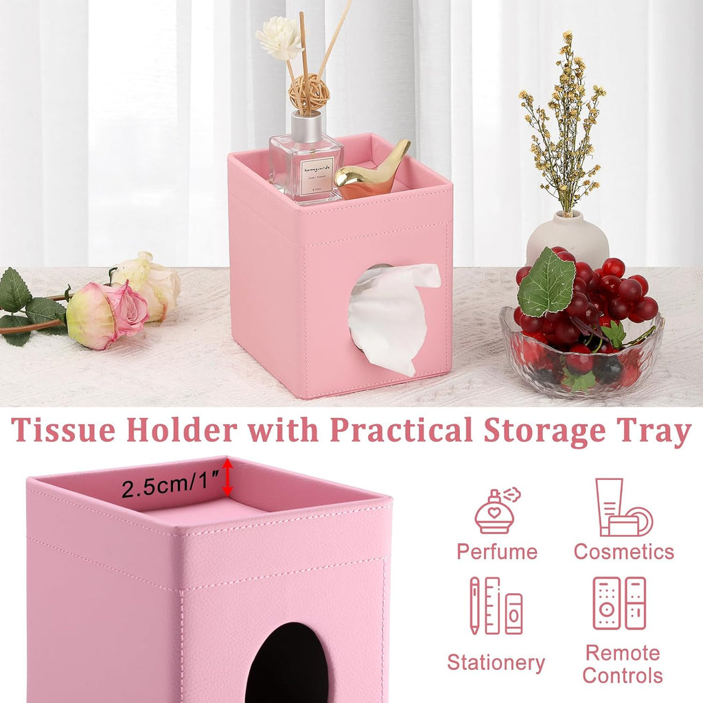 Sumnacon Square Tissue Box Cover with Storage Tray,Tissue Box Holder,Pink