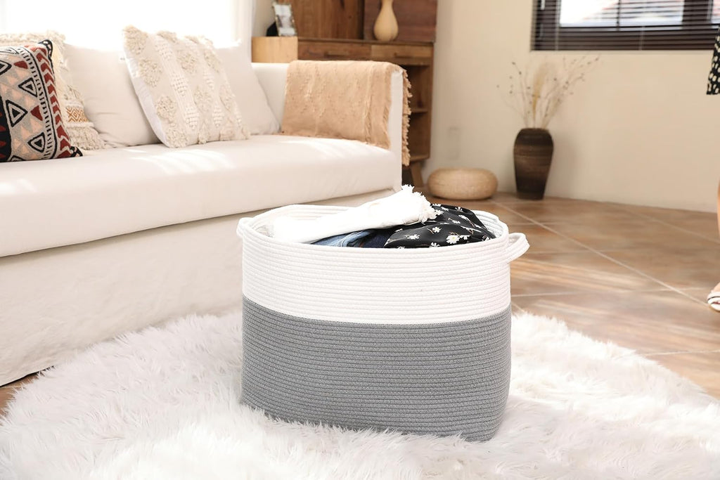20x12x16 Inch Cottonphant Extra Large Rectangular Basket, Open Cotton Rope Blanket Storage Bin for Living Room Bedroom Closet, White & Grey