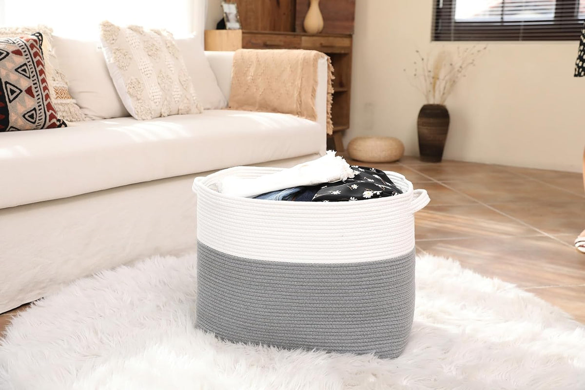 20x12x16 Inch Cottonphant Extra Large Rectangular Basket, Open Cotton Rope Blanket Storage Bin for Living Room Bedroom Closet, White & Grey