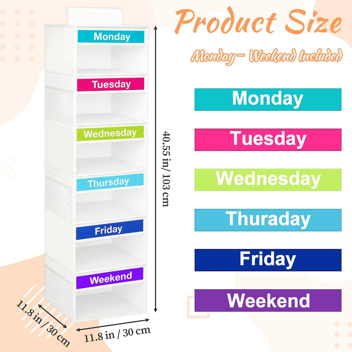 Weekly Clothes Organizer for Closet, 6-Shelf Hanging Closet Organizer with 6 Side Pockets(White)