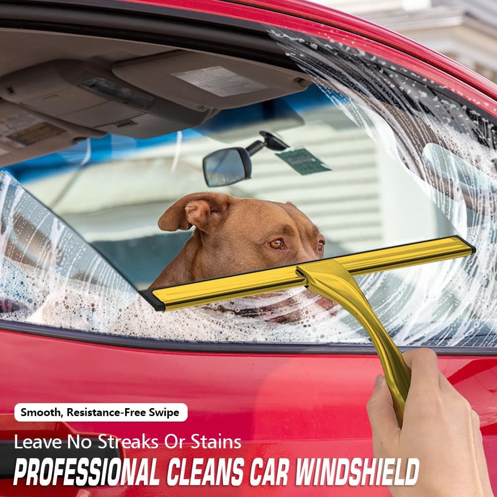 Stainless Steel Shower Squeegee for Glass Door with 3 Adhesive Hook, Glass Cleaning Squeegee for Bathroom & Household Window, Mirrors, Tiles and Car, Clear 10 Inches Golden
