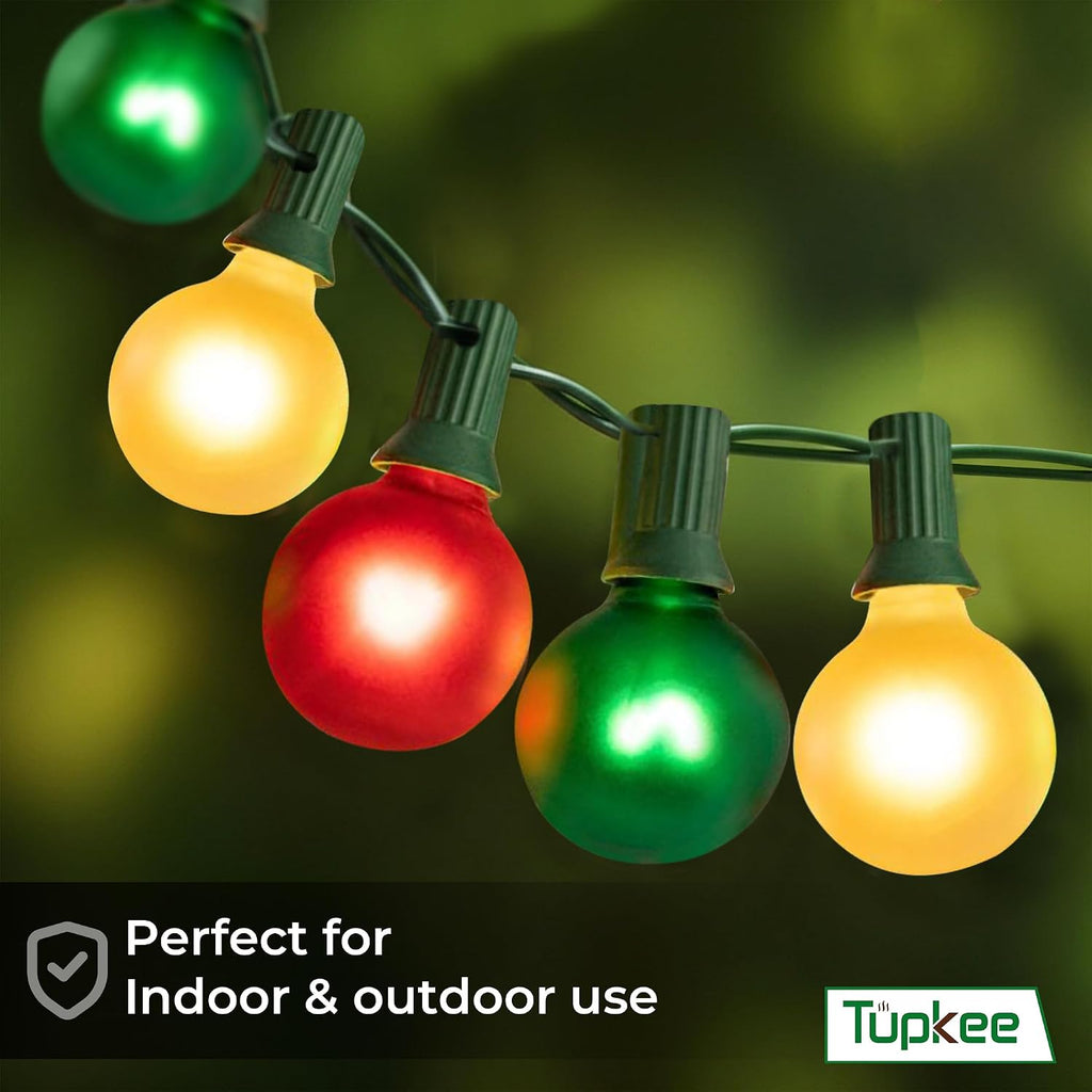 G40 Globe Christmas Tree Lights, Red Green Clear Bulbs, 24 Ft String