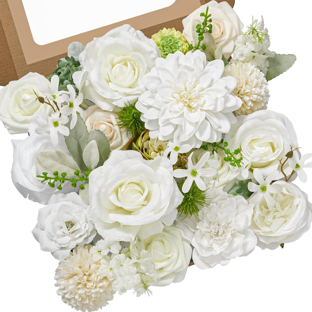 Serwalin White Artificial Flowers Combo, Silk Rose Flowers for Wedding