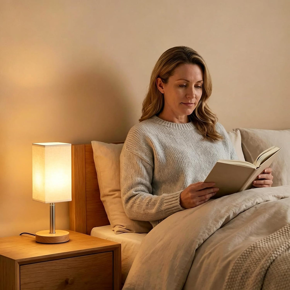 Small Table Lamp for Bedroom, Bedside Lamp with 3000K Warm LED Bulb Included, Nightstand Lamp for Living Room Office Dorm Kids Room, Easy Assemble Minimalist Cream Shade & Wood Base(5W)