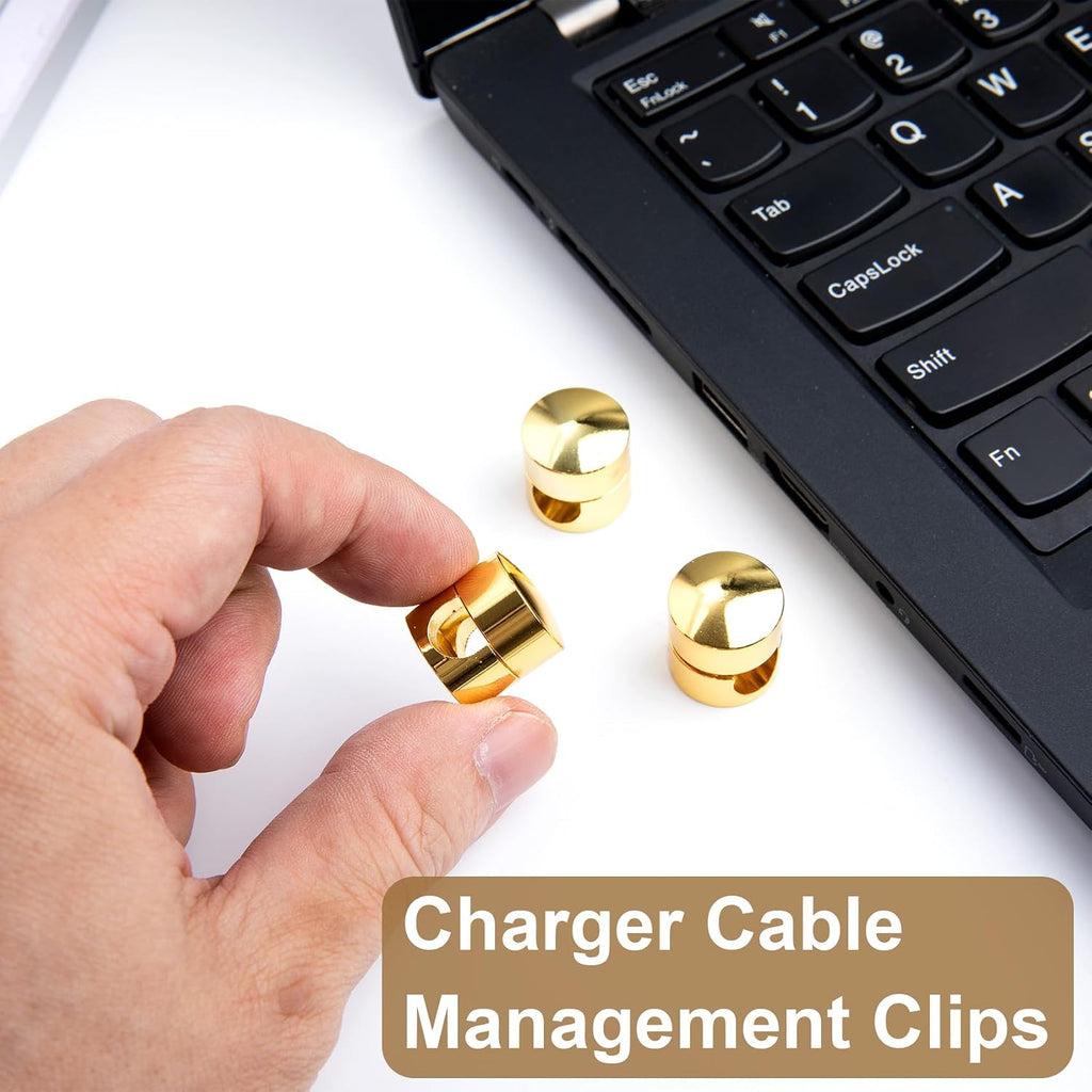 HINZIC 3Pack Cable Anchors for Desk, Metal Gold Phone Cord Holder, 2-in-1 Adhesive Cord Clips Adjustable Aluminum Wire Organizers Charger Management for Nightstand Office Home Desktop Wall