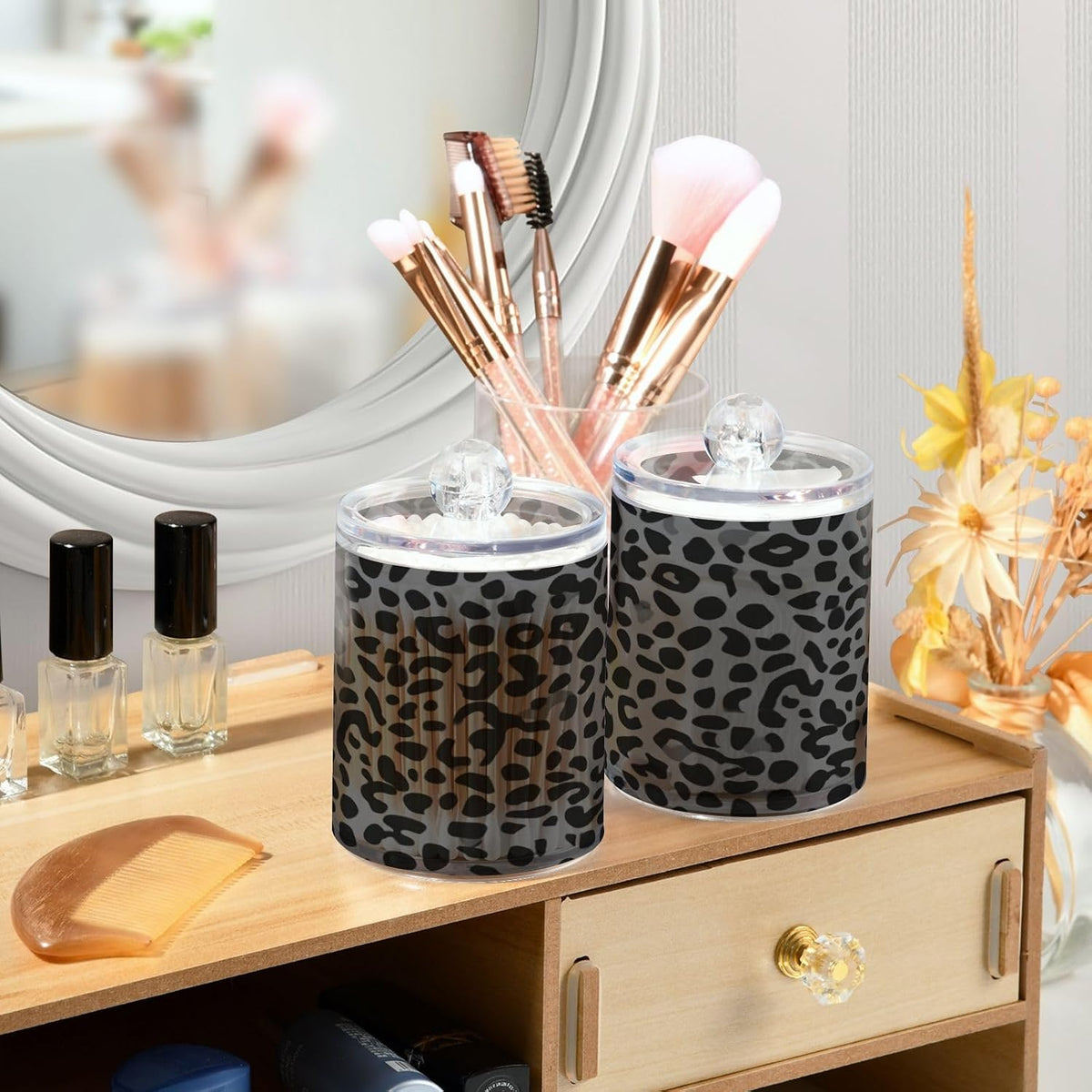 Black Leopard Print Qtip Holder Apothecary Jars Bathroom Storage Floss Makeup Organizer for Cotton Ball Swab Acrylic 2 Packs
