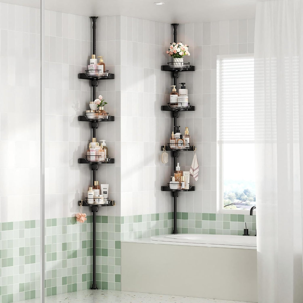 YCIA&DONE 360° Rotating Corner Shower Caddy Tension Pole, 4 Tiers Shower Organizer for Bathroom Shelf Bathtub, Adjustable Standing Shower Rack, Easily Assemble, 34-124 Inch Height, Black