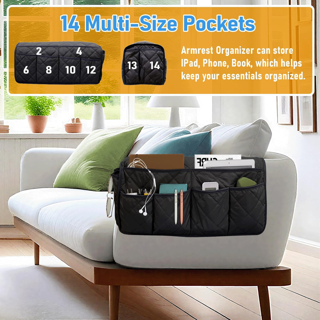 Armchair Caddy for Recliner, Non-Slip Recliner Pocket Organizer, Remote Holder for Recliners, Sofa Armrest Organizer, Couch Caddy with 14 Pockets Storage for TV Remote, Phone, Magazine (Black)