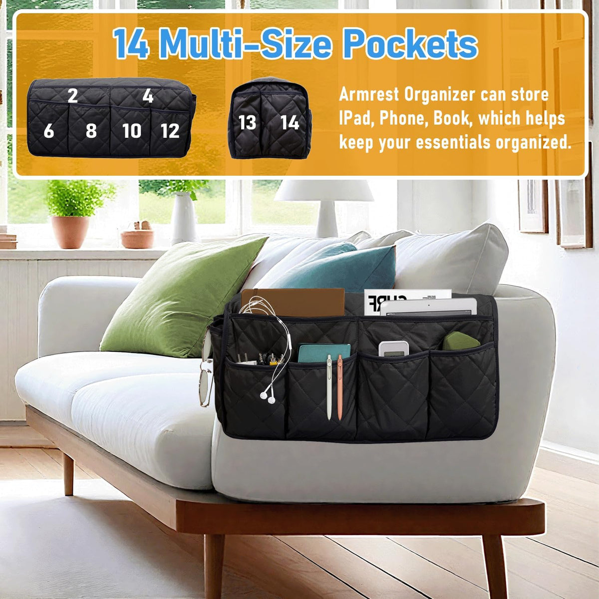 Armchair Caddy for Recliner, Non-Slip Recliner Pocket Organizer, Remote Holder for Recliners, Sofa Armrest Organizer, Couch Caddy with 14 Pockets Storage for TV Remote, Phone, Magazine (Black)