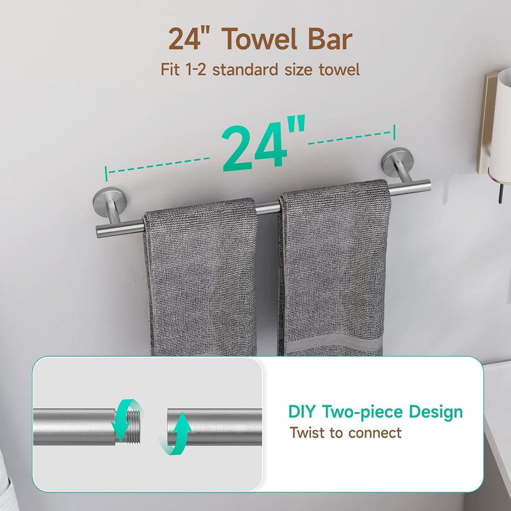 USHOWER 8PCS Brushed Nickel Bathroom Hardware Set, 24-Inch Towel Bar Set