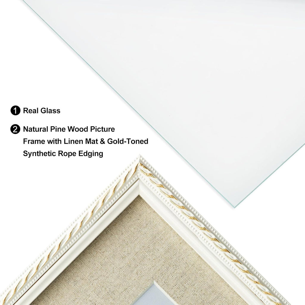 11x14 Picture Frame Pine Wood with Real Glass, Gold-Toned Synthetic Rope Edging, Linen Matted to 8x10, Vertical and Horizontal for Wall Hanging, White