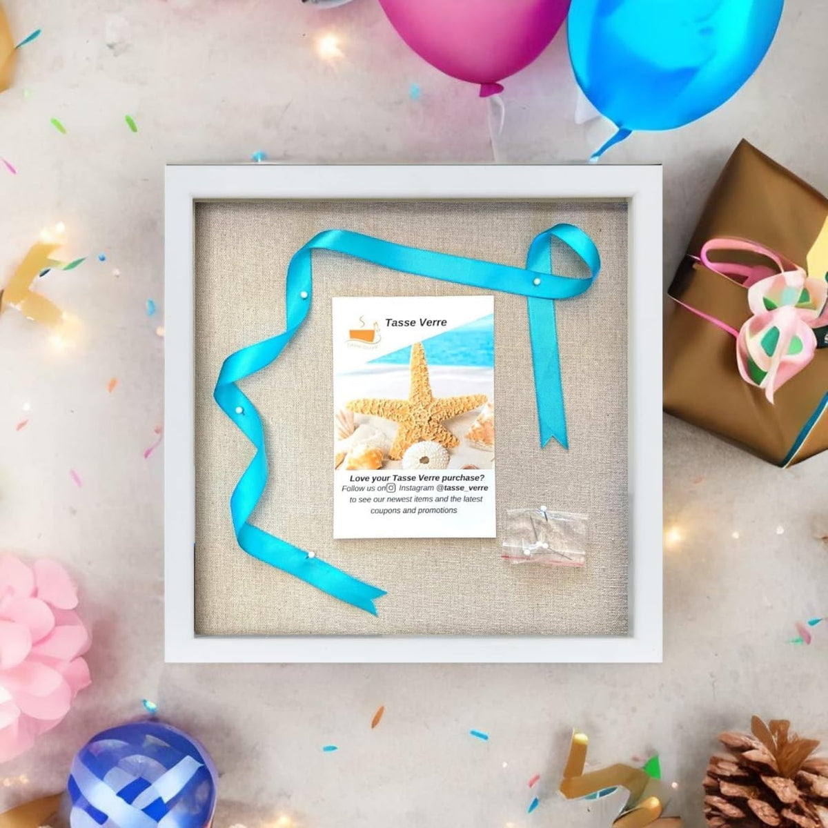 Tasse Verre 10x10 White Display Shadow Box (1-Pack) Frame w/Linen Background and 8 Stick Pins - Ready to Hang Shadowbox Picture Frame - Box Display Baby Memorabilia Wedding