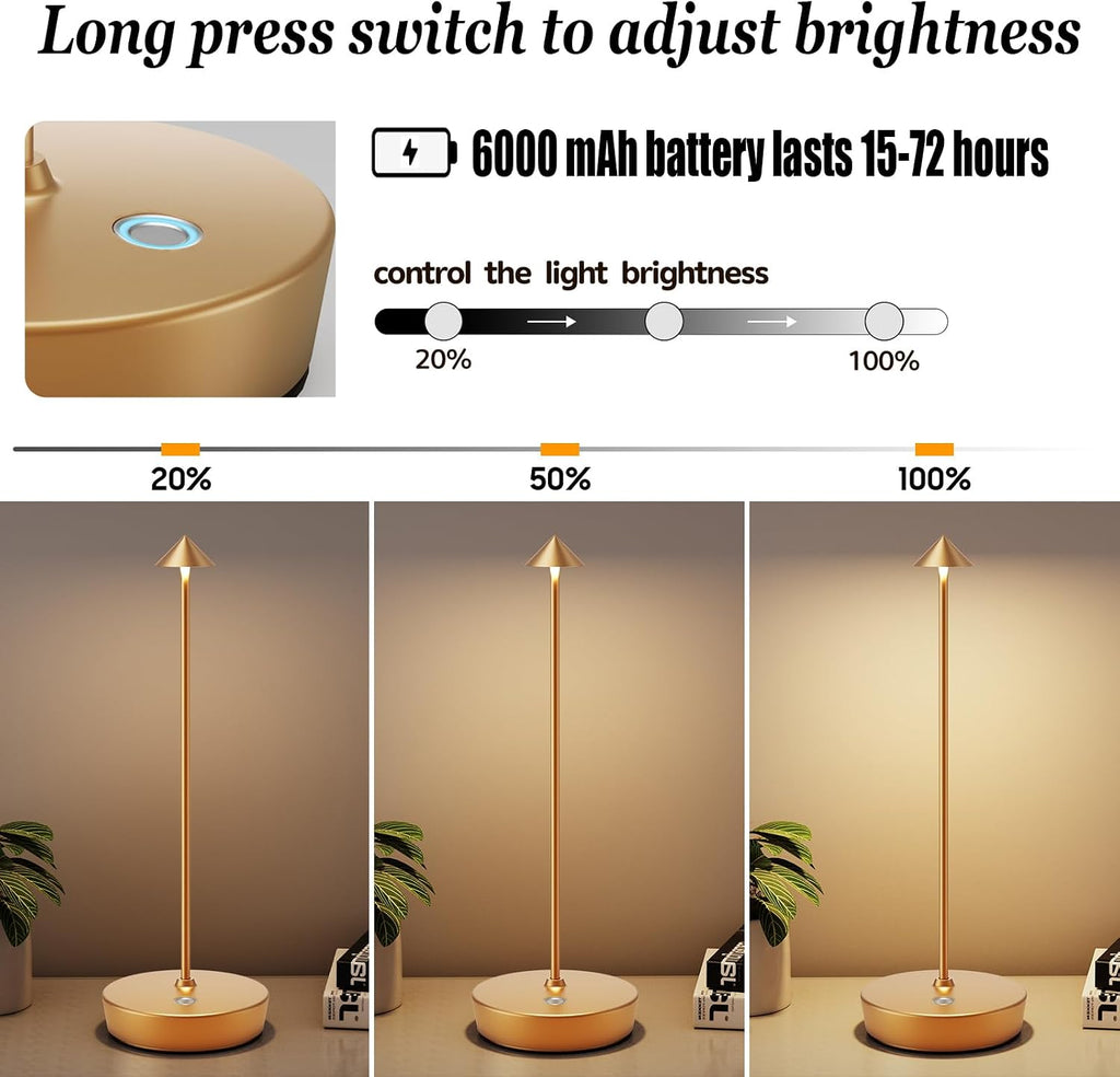 Rechargeable Cordless Table Lamp, Portable Powered LED Battery 6000mAh Metal USB Desk Lamp, 3 Levels Brightness Light for Restaurants Outdoor (Gold)