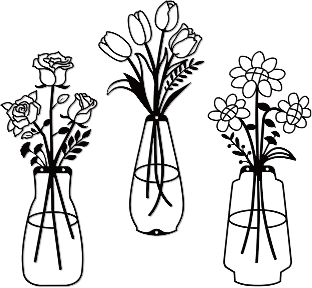 Jasscare Set of 3 Metal Flowers Wall Art, Matte Black Minimalist Line Art Floral Wall Decor, Modern Farmhouse Metal Wall Hanging for Living Room Bedroom Bathroom, Perfect Housewarming Gift for Home Decoration
