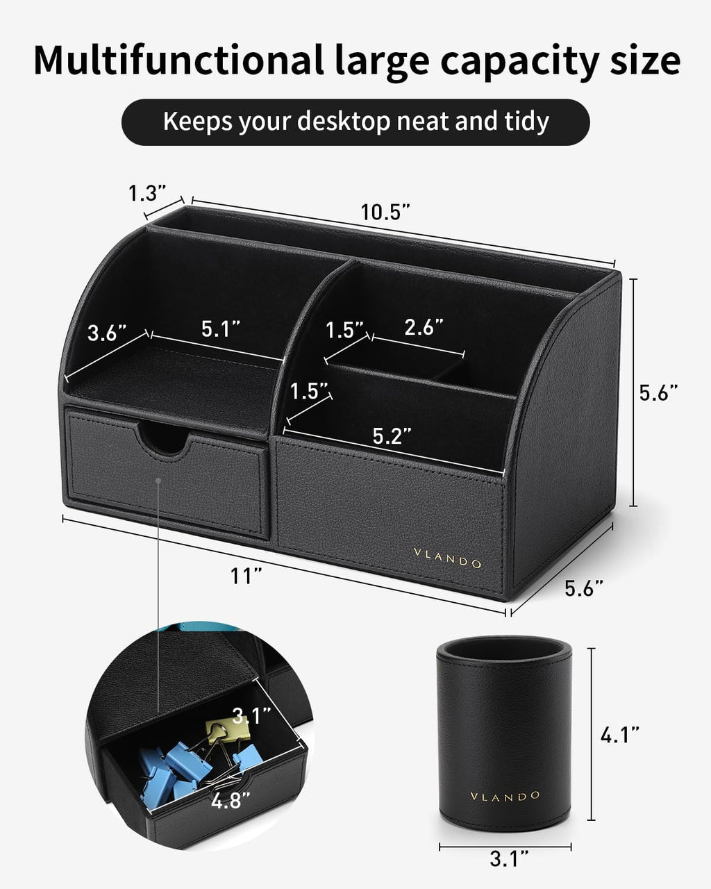 VLANDO 2 Pcs PU Leather Desk Caddy Set with Drawer,Pen Holder