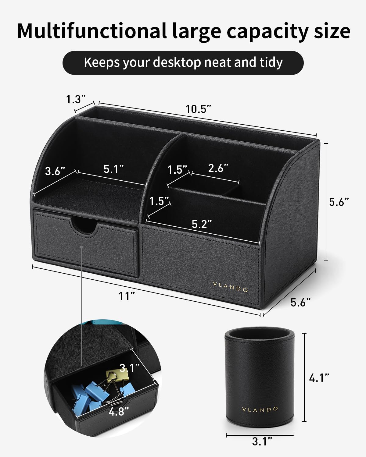 VLANDO 2 Pcs PU Leather Desk Caddy Set with Drawer,Pen Holder
