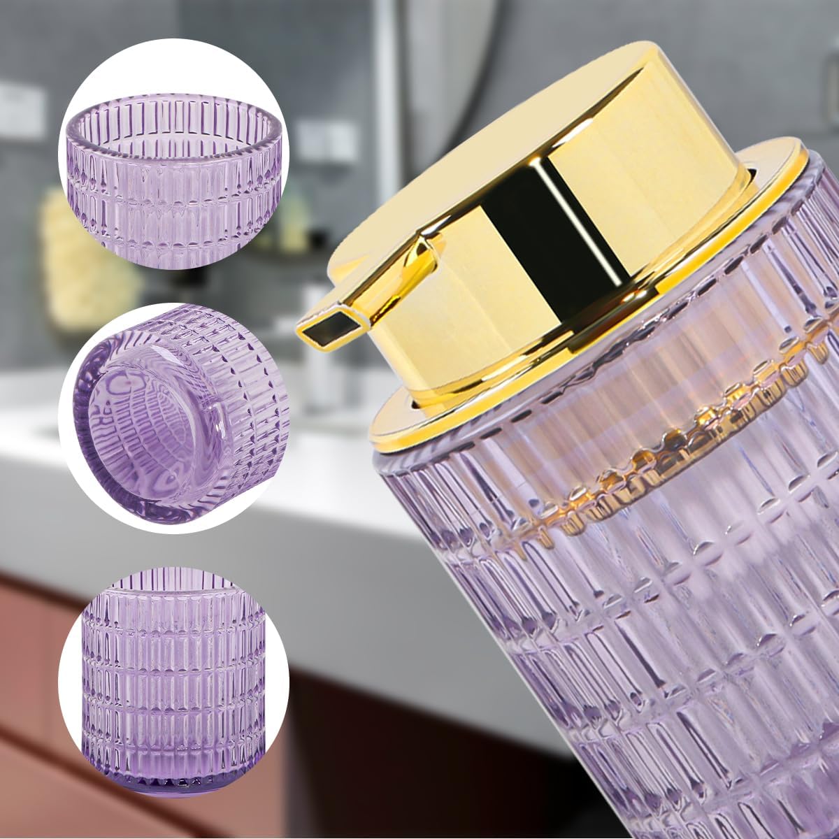 Foaming Soap Dispenser,10 Oz Glass Foam Hand Soap Dispenser for Bathroom and Kitchen,Refillable Foaming Pump Bottle with Large Pump,Modern Striped Dish Soap Foam Dispenser (1, Purple)