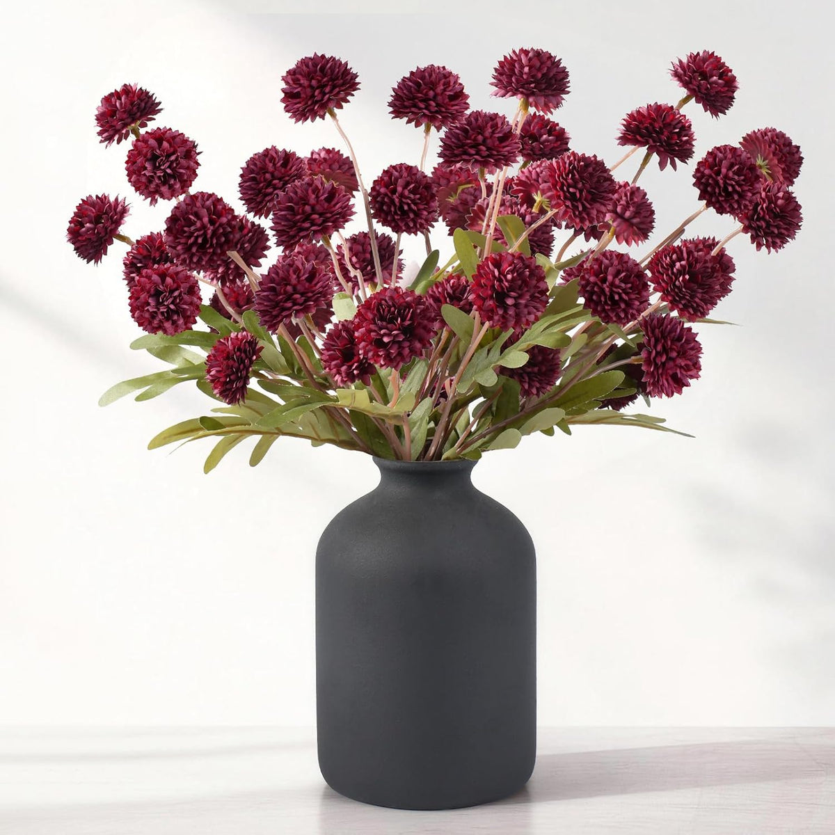 Faux Silk Mums Artificial Flowers - 7Pcs Artificial Mums Bendable Long Stems, Faux Flowers For Vase, Table, Wedding & Wreath Home Décor, Chrysanthemum Pom Pom Floral Arrangement, Burgundy (No Vase)