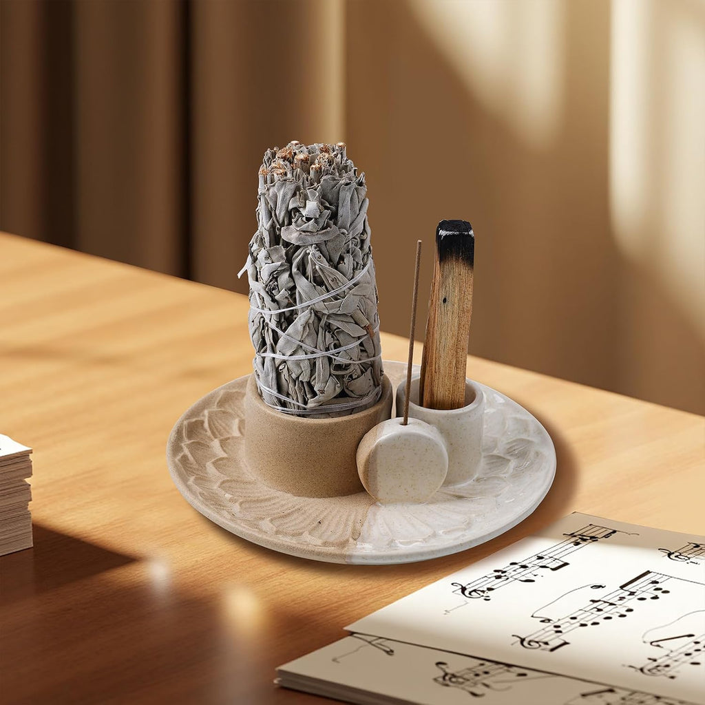4 in 1 Incense Holder, Ceramic Incense Stick and Palo Santo Holder,Sage Holder for Burning- 5.5" Ceramic Ash Catcher Tray for Meditation and Yoga Room (Sand)