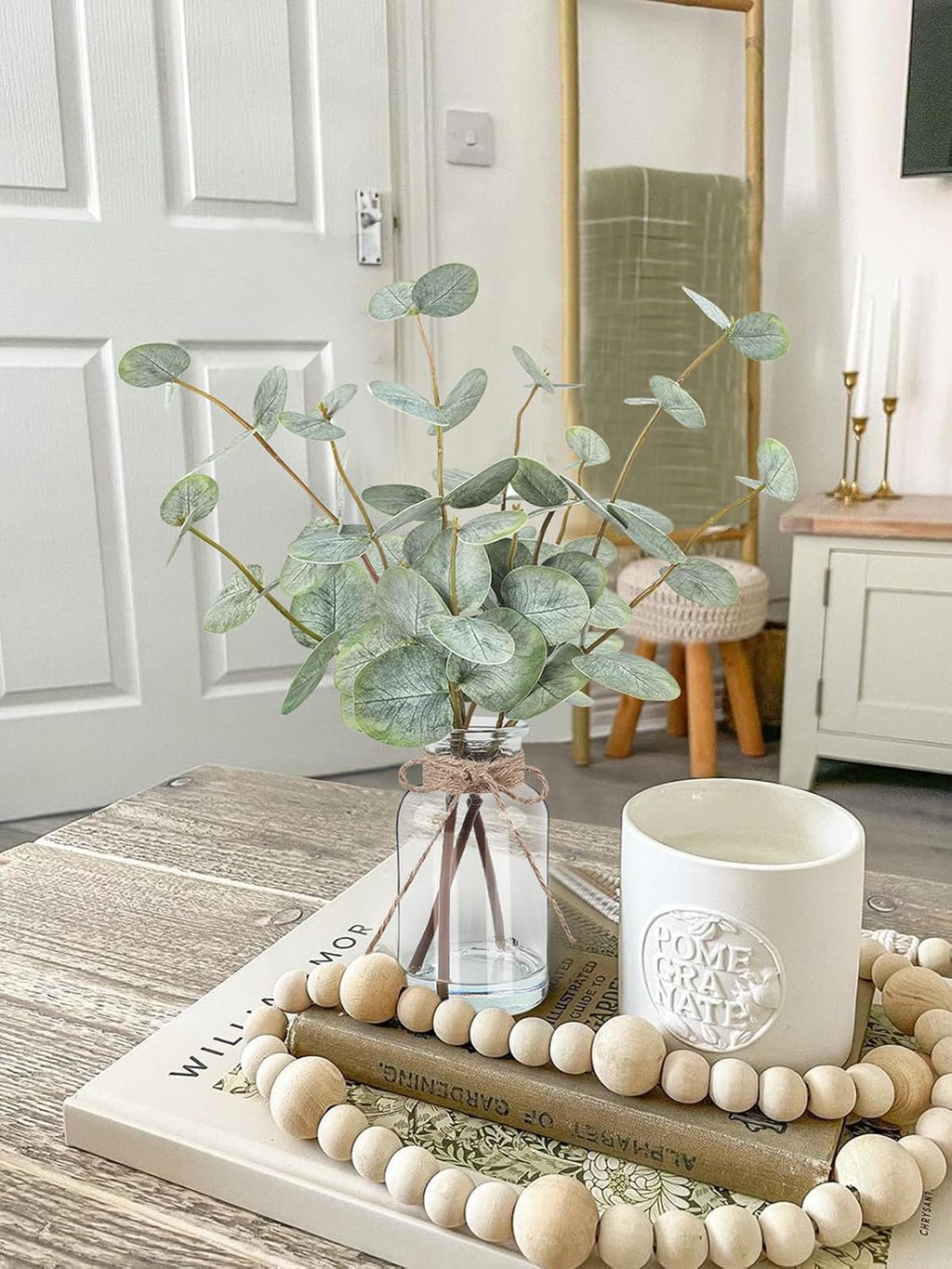 Bessol Artificial Eucalyptus Stems in Glass Vase with Faux Water, 13.5" Fake Plants for Home Decor, Coffee Table Centerpieces, Office, Bathroom & Farmhouse - Green Faux Plants Decorations
