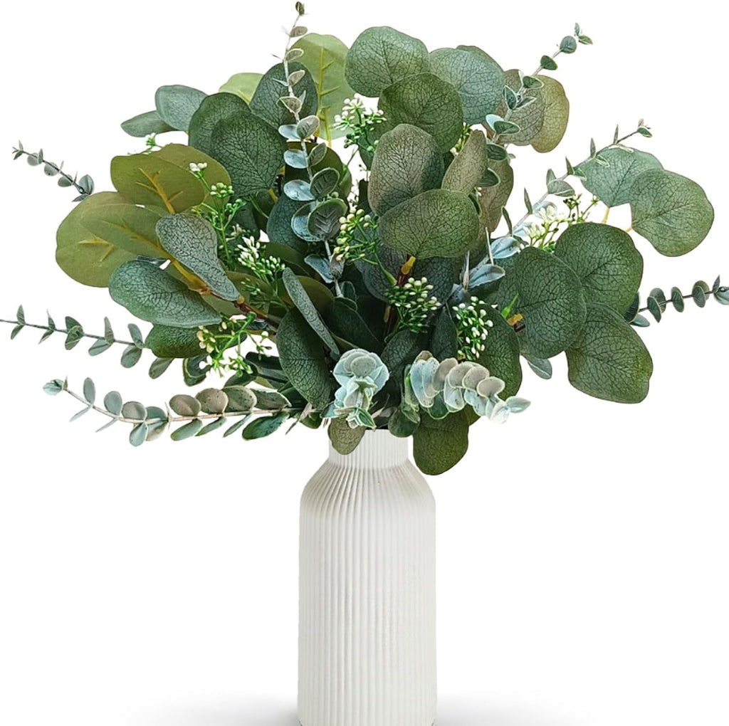 Eucalyptus Vase, 20pcs Artificial Eucalyptus Stems in White Vase, Eucalyptus Plant for Home Decor, Fake Plants for Farmhouse Table Centerpiece, Home Office Kitchen Bathroom Decor