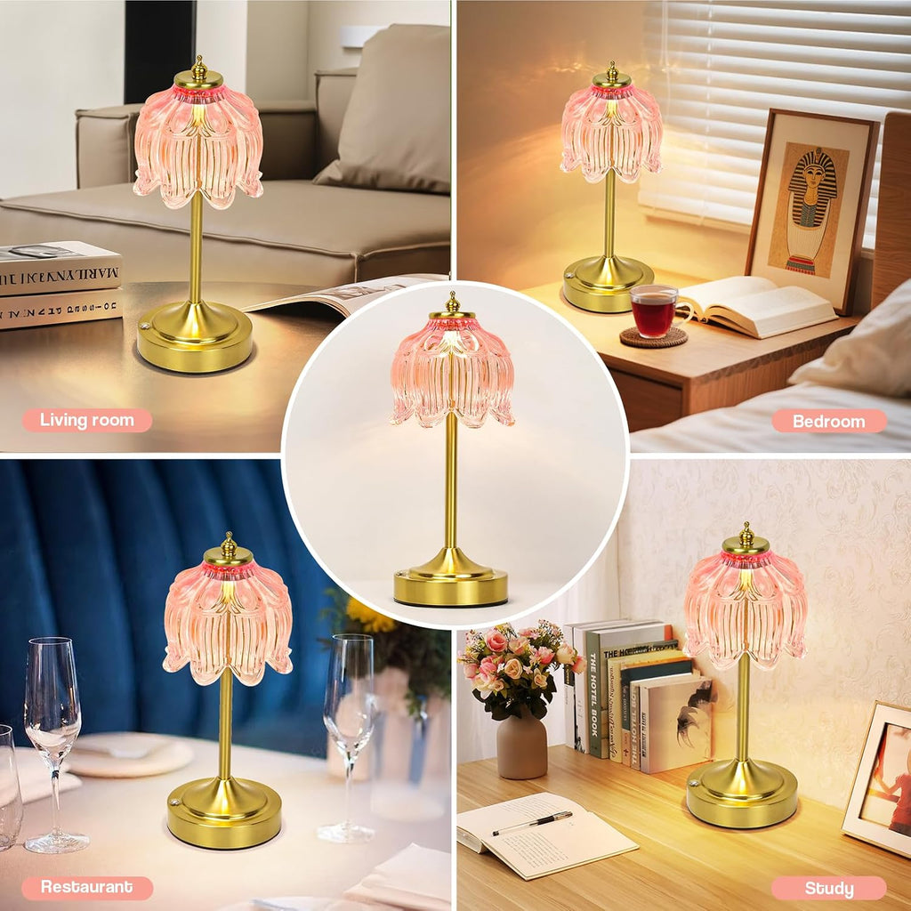 Cordless Table Lamp, Rechargeable Pink Glass Lotus Flower Lamp