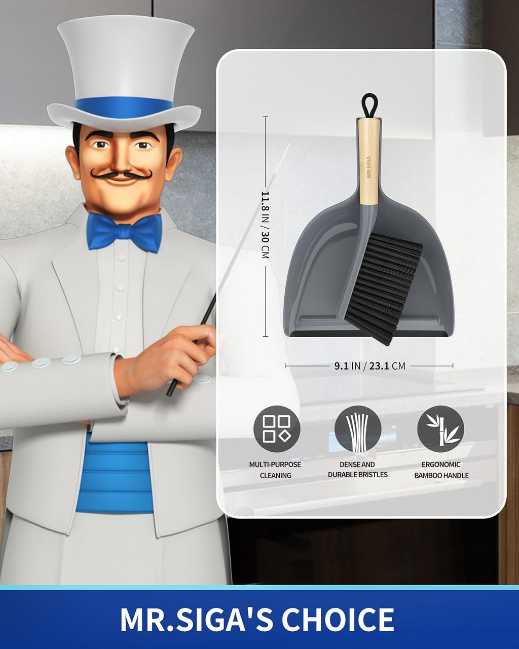 MR.SIGA Dustpan and Brush Set, Bamboo Handle, Gray, 1 Set