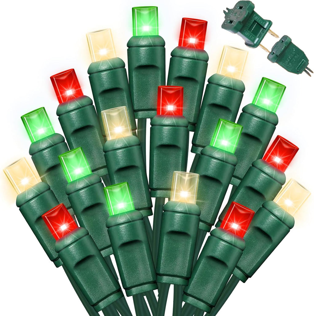 LAMPHOME Warm White Green red Christmas Lights, 50 LED 25FT Mini LED String Lights, Green Wire Commercial Grade Extendable Fairy Lights for Outdoor Halloween Christmas Tree Garden Decor