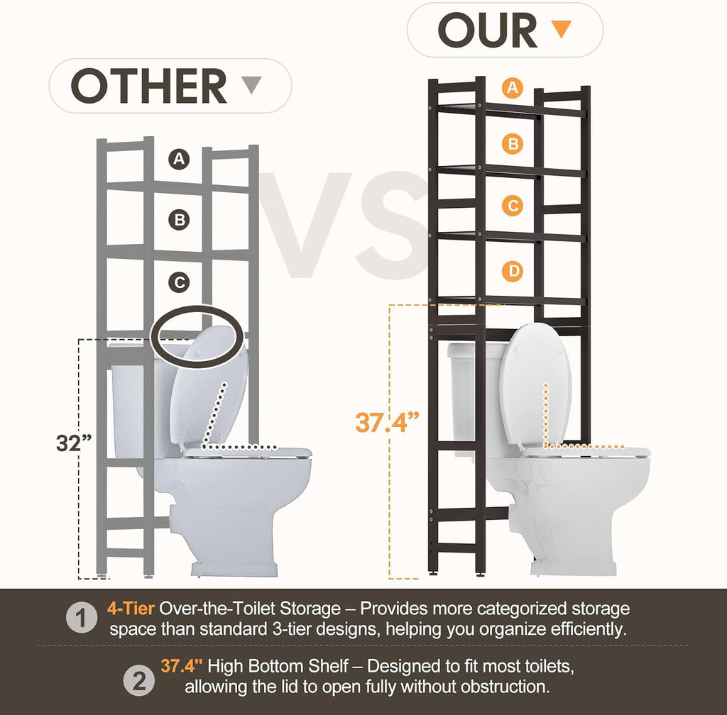 Homde Bathroom Over Toilet Storage Rack: Adjustable 4-Tier Bamboo (Brown)