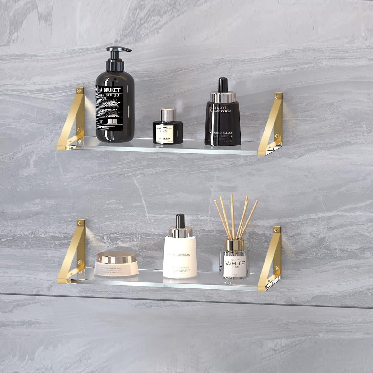 Sturdy Large 25×5.9 inch Thicker 2/5"(10mm) Crystal-Clear Acrylic Gold Shelves for Wall,Gold Floating Shelves,Clear Shelves for Wall Décor, Bathroom,Bedroom Pack of 2