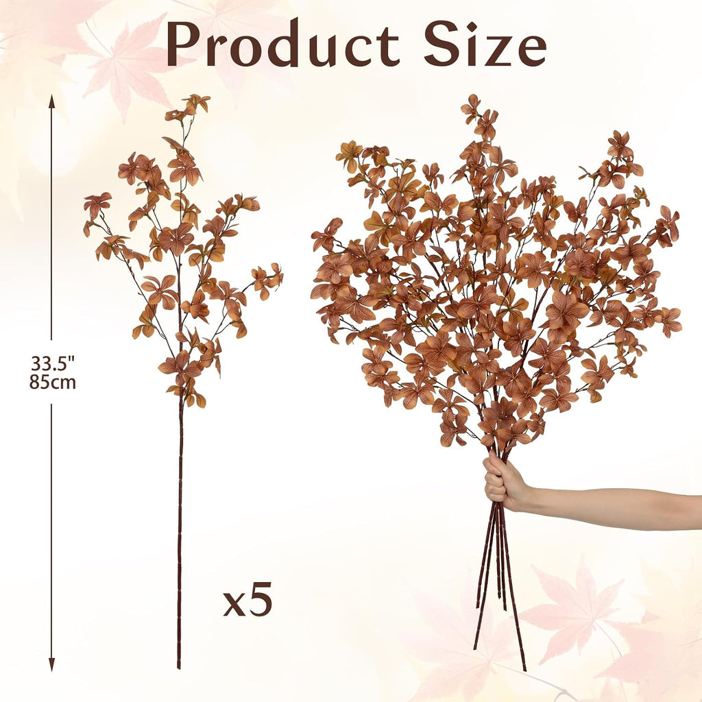 33.5" Long Artificial Fall Leaves Stems for Table Centerpieces, 5 Pcs Faux Fall Stems and Branches for Vase Filler, Falls Greenery Stems for Farmhouse Autumn Harvest Thanksgiving Decor, Deep Brown