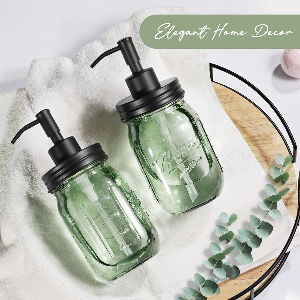 SheeChung Green Glass Mason Jar Liquid Soap Dispenser, 16oz, Black, 1 Pack
