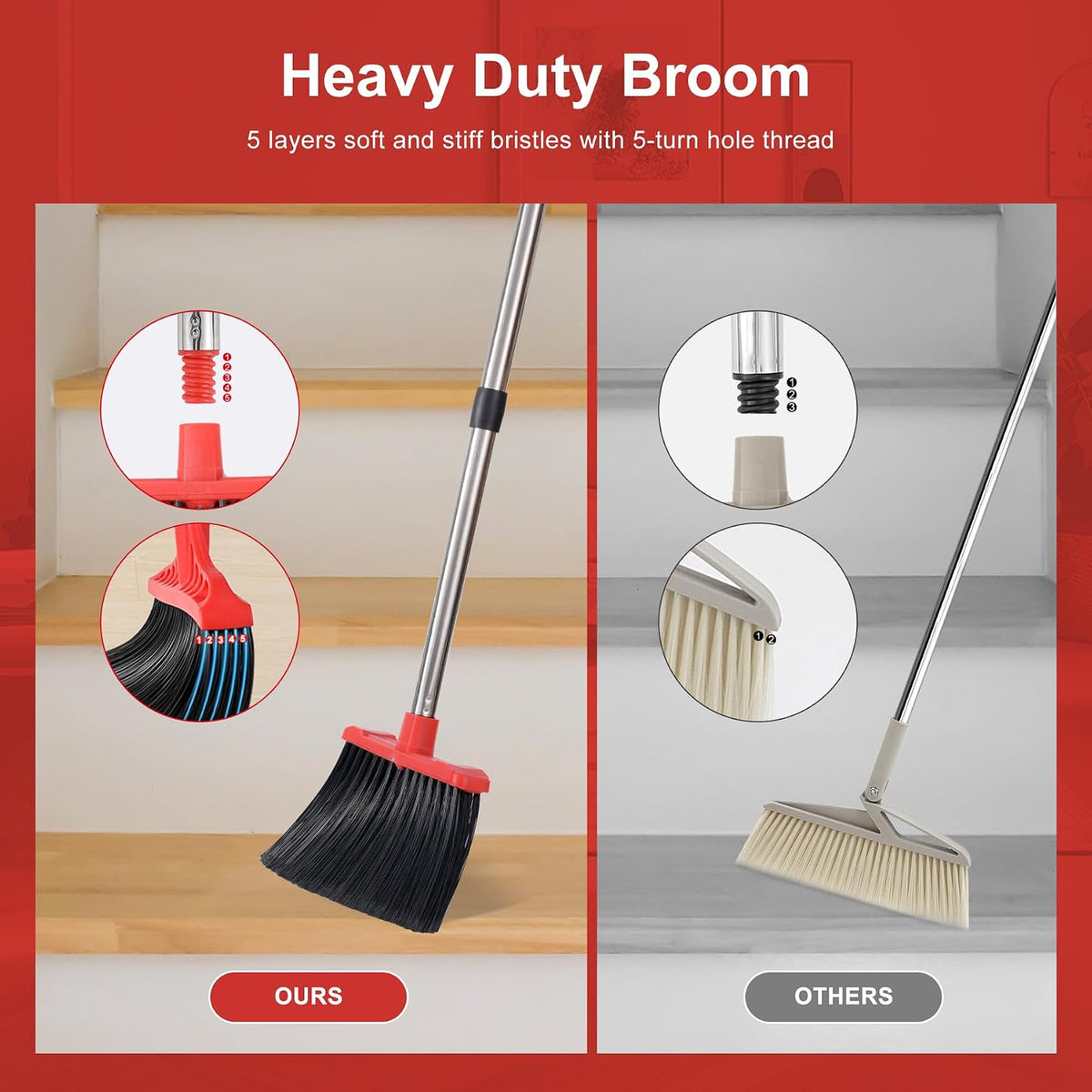 Large Upright Broom and Dustpan, Heavy Duty Dust Pan with 51" Long Handle for Indoor Outdoor Garage Kitchen Room (Black and Red)