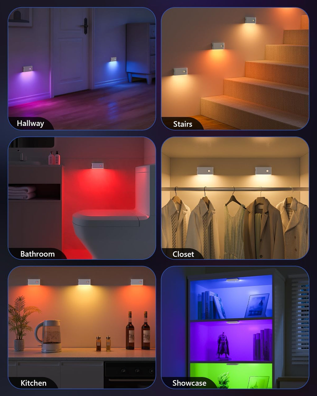 WILLED Stair Lights Indoor, RGB & Warm White Motion Sensor Night Light, Color Changing Motion Sensor Light Indoor, Rechargeable Night Light for Stair,Hallway,Bathroom,Cabinet,Closet,Kitchen,6 Pack