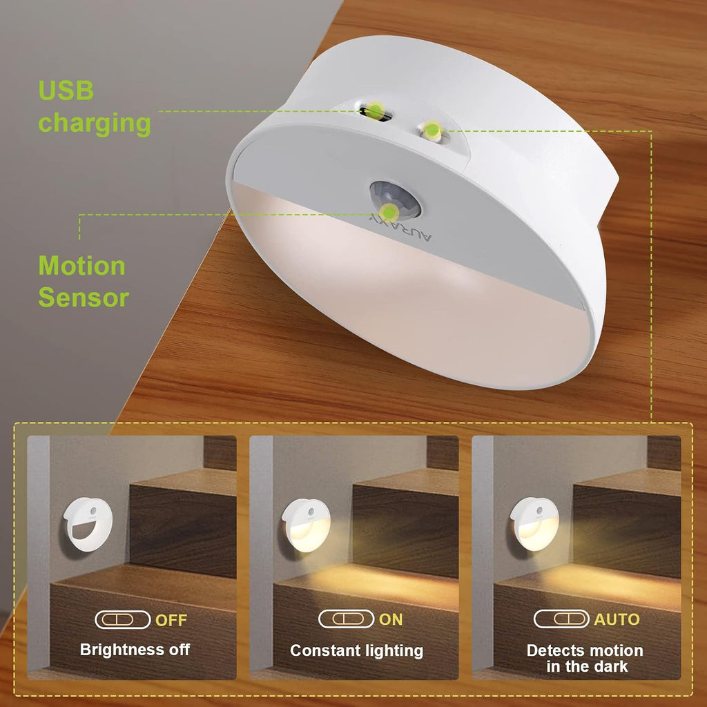 AURAXY Rechargeable Battery Night Light, Motion Sensor Night Light, LED Warm White Magnetic Stick-on Motion Sensored Hallway Light, with Dusk to Dawn Sensor for Stairs, Wall, Closet, Cabinet (6 Pack)