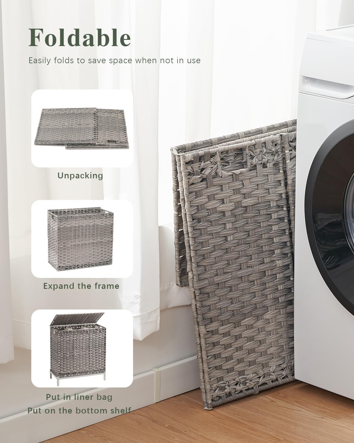 SETVSON Laundry Hamper with Lid, 35 Gal 3-Bag Clothes Sorter, Gray