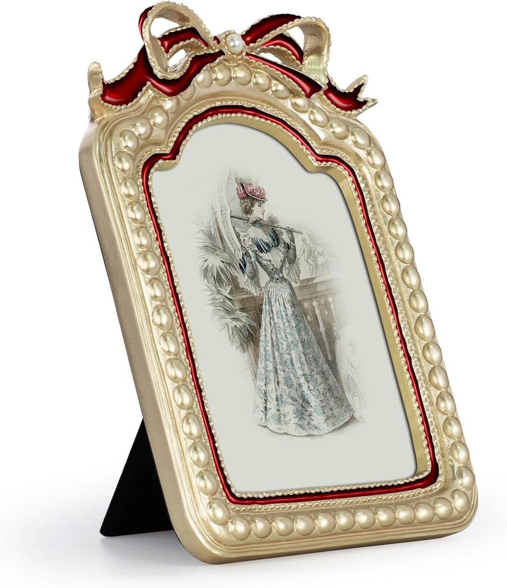 GUOER Vintage 5x7 Picture Frame with Bow Antique Ornate Table Top and Wall Mounting Photo Frame with High Definition Glass Front for Home Decor, Photo Gallery, Art(5x7, Gold & Red)